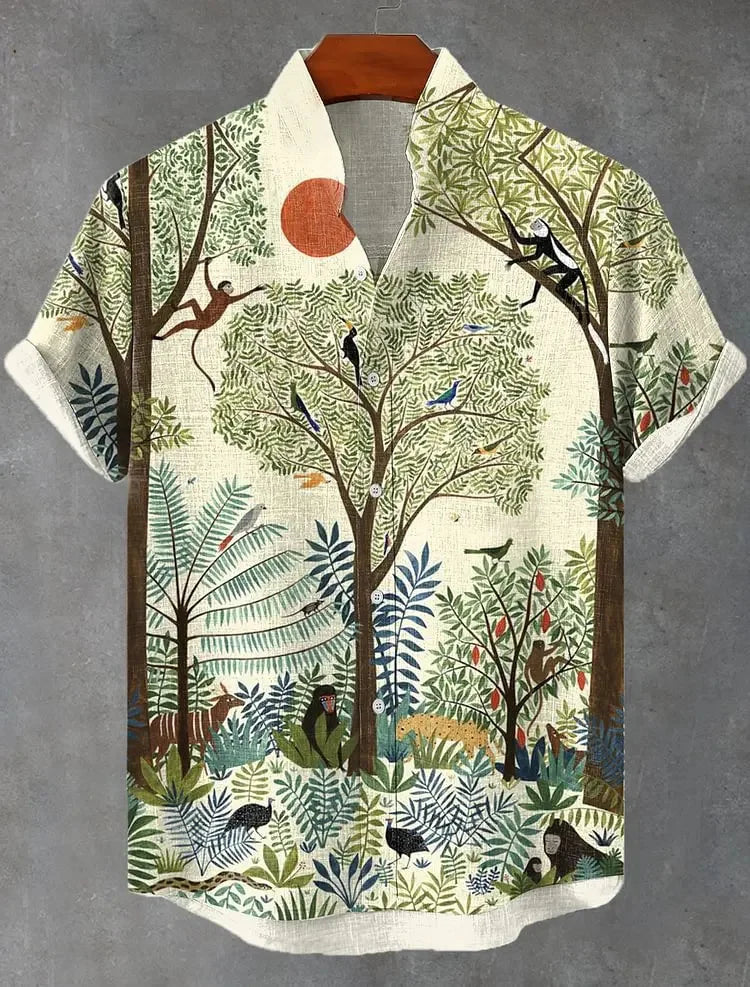 Summer Men's Printed Short Sleeve Shirt Vintage Linen Shirt Men's Festival Casual Short Sleeve Top Street Trend Fast Delivery