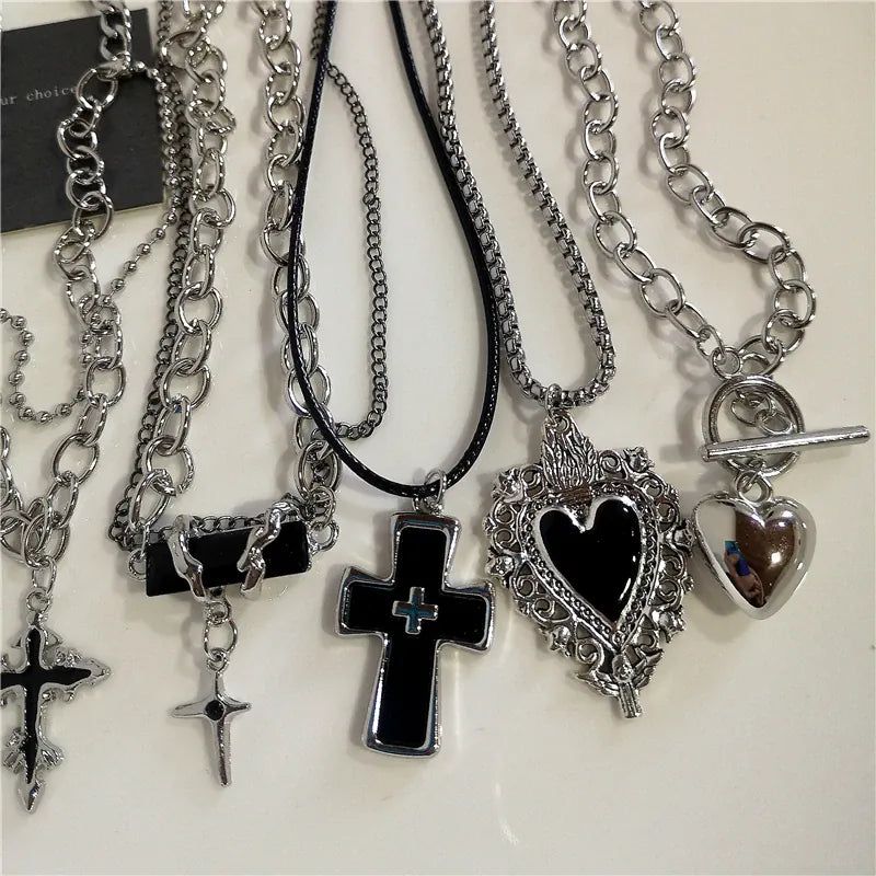 KissICON Punk Rock Black Heart Cross Pendant Chain Necklace For Men Women Cool Hip Hop Street Vintage 90s Y2K Grunge Goth Accessories