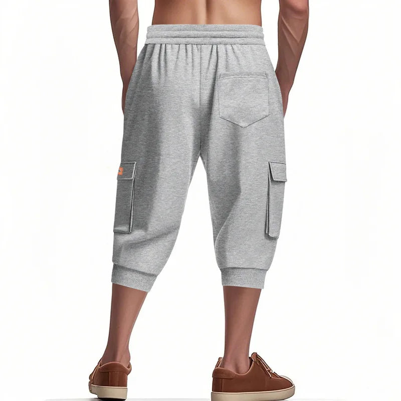 Men Elastic Drawstring Waist Cargo Capri Shorts Multi Pockets Jogger Cropped Sweatpants Casual Sports 3/4 Pants