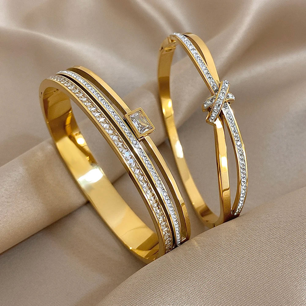Luxury Stainless Steel Cuff Bracelet Bangle Set for Women Men Gold Plated Bracelets Inlaid White Rhinestone Wide Bangles Gift