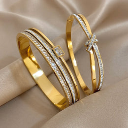 Luxury Stainless Steel Cuff Bracelet Bangle Set for Women Men Gold Plated Bracelets Inlaid White Rhinestone Wide Bangles Gift