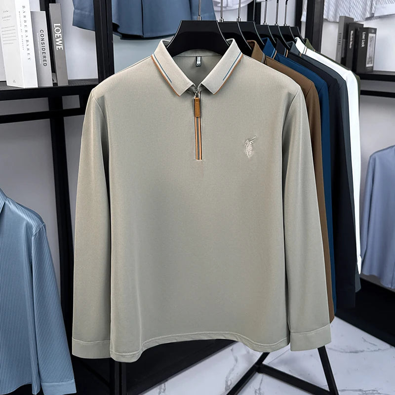 Men's Cotton Long Sleeved T-shirt with Collar Polo Shirt High-end Embroidered Top Autumn Loose Base Shirt