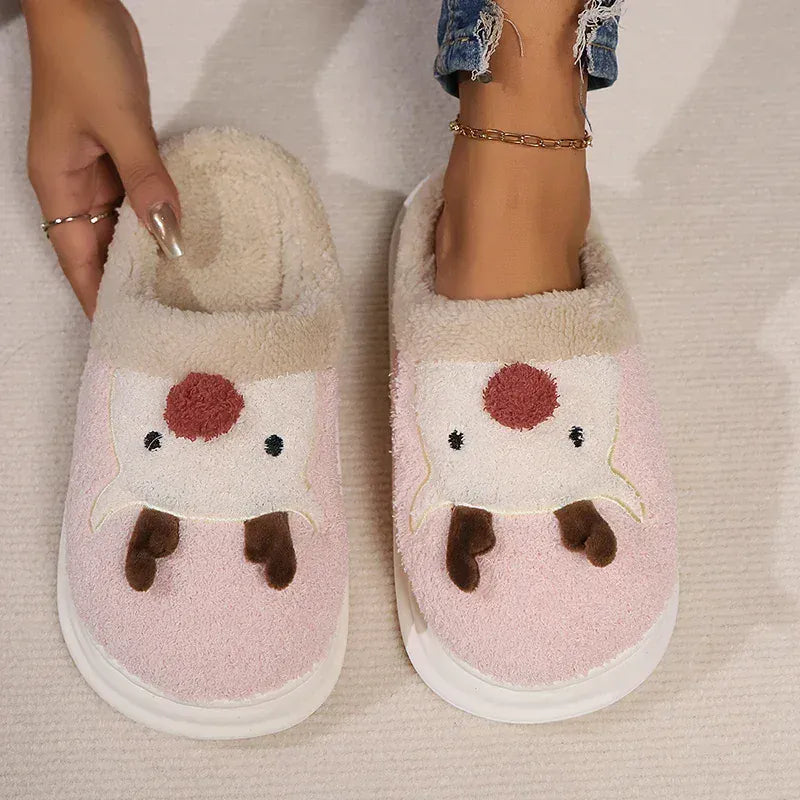 KissICON Cartoon Christmas Elk Fluffy Slippers Women Winter Warm