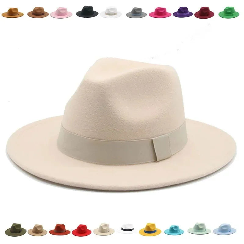 Fedora Hat Women Winter Hats for Women Ribbon Band Men's Hat Wide Brim Classic Beige Wedding Church Bowler New Cap Chapeau Femme