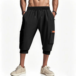 Men Elastic Drawstring Waist Cargo Capri Shorts Multi Pockets Jogger Cropped Sweatpants Casual Sports 3/4 Pants