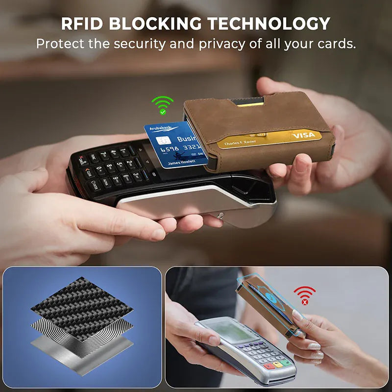 Minimalist Mens Wallet with Money Clip, Aluminum Pop Up Card Case and Leather Slots Credit Card Holder RFID Blocking Wallet