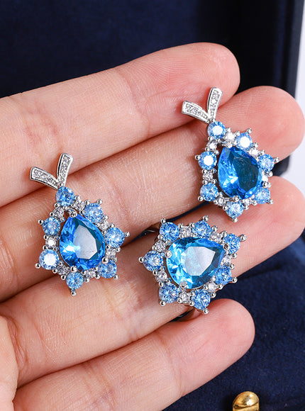 KissIcon Silver Plated Zircon Jewelry Set Sapphire Earrings