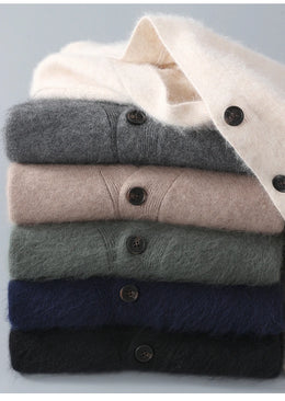 2025 Autumn Winter New Cardigan Men's V-Neck Top 100% Mink Cashmere Knitted Sweater Casual Loose Large Long Sleeved Shirt Jacket