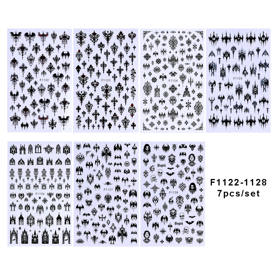 3D Gothic Black Halloween Nail Stickers Cool Design Alphabet Letter Lace Castle Skull Y2K Manicure Decoration Accessories