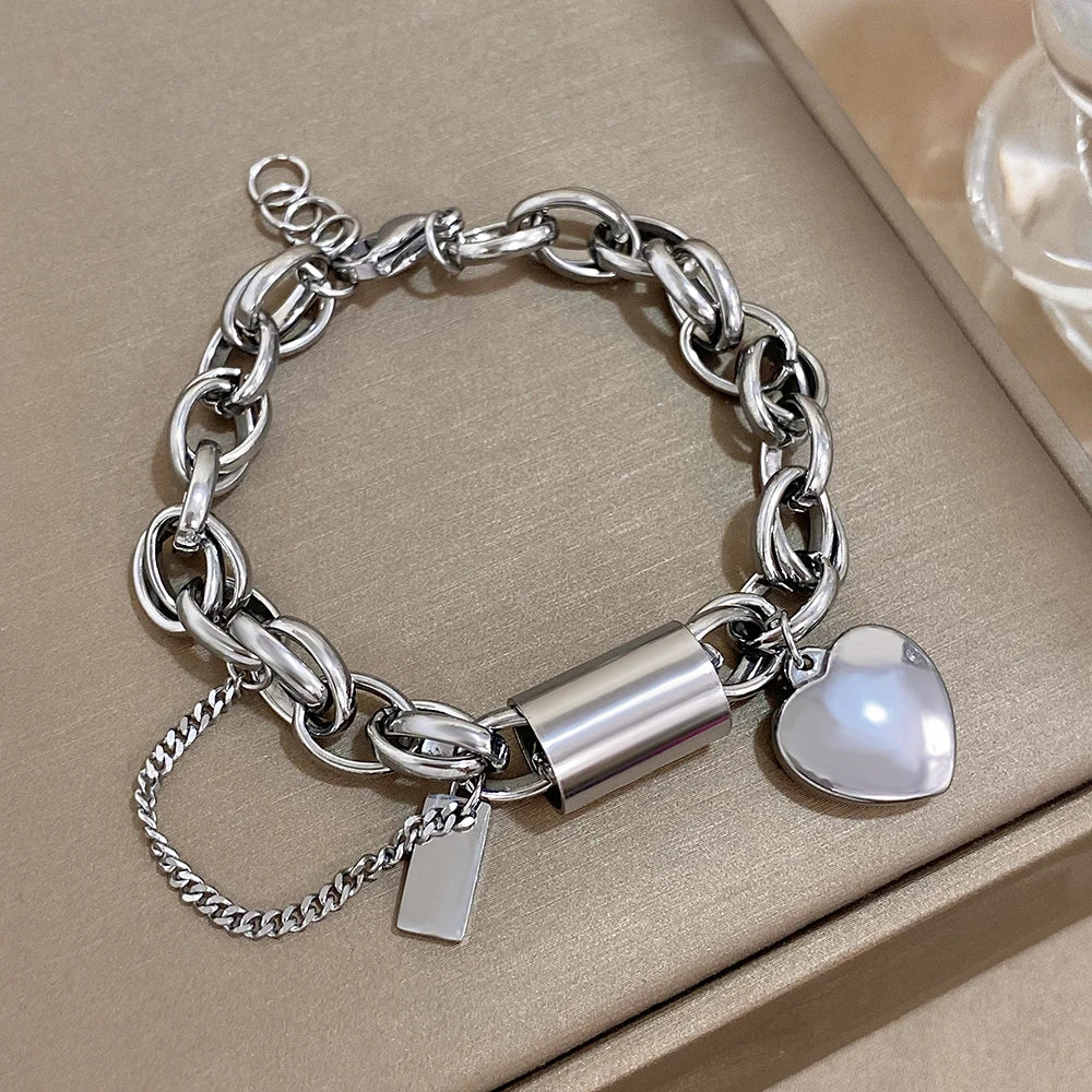 Heart Lock Stainless Steel Charm Bracelet Chunky Gold Plated Chain Love Bracelets for Women Valentine Gift