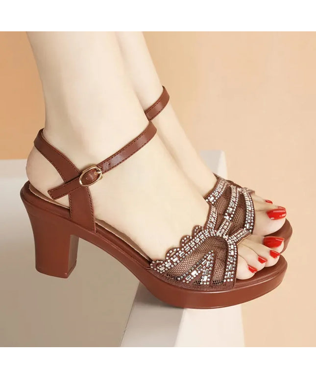 KissICON brown / 35 Shiny Crystal Decor High Heels Sandals for Women