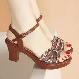 KissICON brown / 35 Shiny Crystal Decor High Heels Sandals for Women