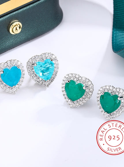 💋 Exquisite 925 Silver Peach Heart Studs - Green Zircon