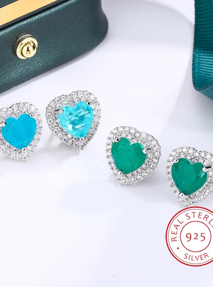 💋 Exquisite 925 Silver Peach Heart Studs - Green Zircon