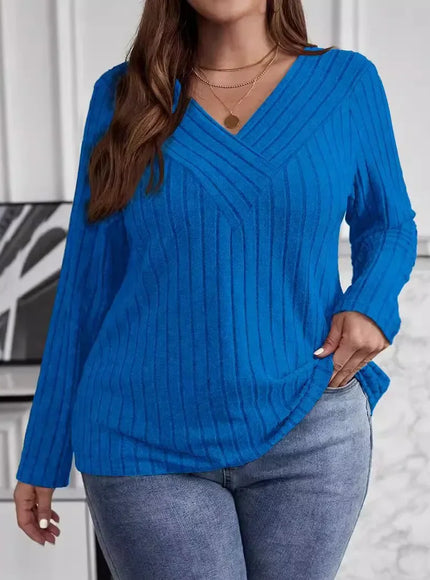 Plus Size Women's Fashionable Solid Color 1XL-5XL Sweater Pullover Tops Women's Cross V-neck Long Sleeved Pullover Sweater