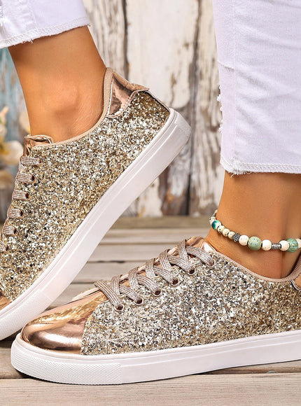 Women Sneakers Bling Golden Shoes Casual Female Breathable Sneakers Lace Up Outdoor Sport Women Vulcanize Shoes Zapatos De Mujer