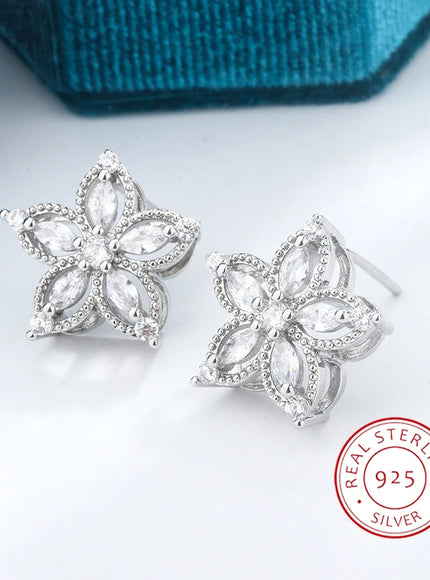 KissIcon Exquisite 925 Silver Flower Earrings - Zircon Glow