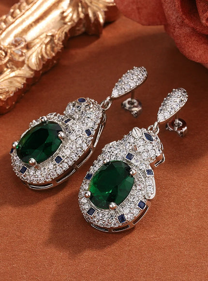 925 Silver Plated Leopard Earrings With Shiny Green Zircon