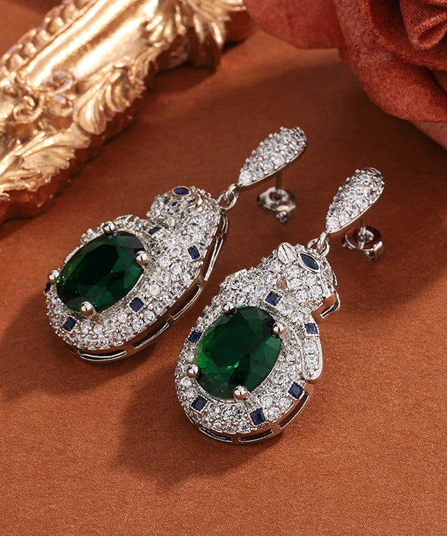 925 Silver Plated Leopard Earrings With Shiny Green Zircon
