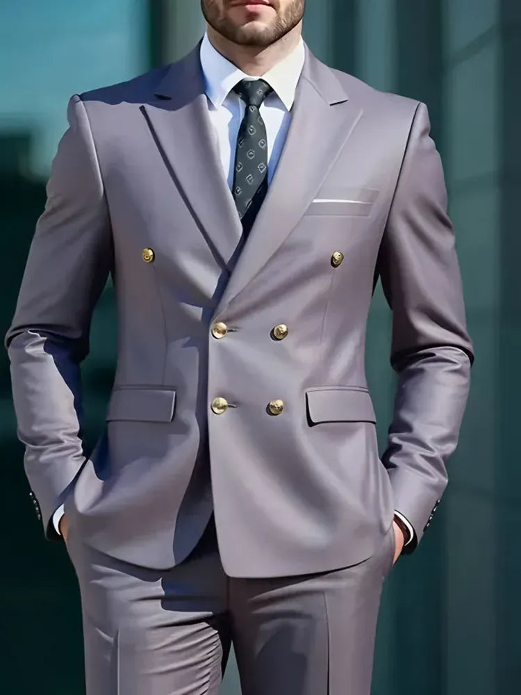 KissICON LightGray / XXS Fashion New Men's Leisure Boutique Business Banquet Solid Color Wedding Double Breasted Slim Fit Suit Blazers Jacket Pants