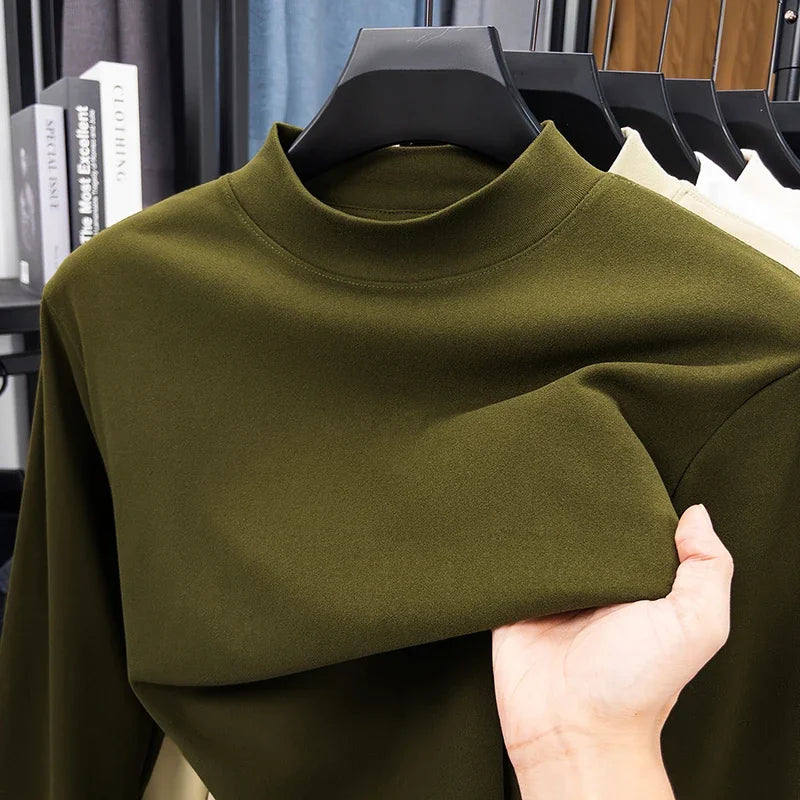 2026 New Men's Casual Solid Color High Collar Velvet Long Sleeve T-shirt Spring and Autumn Versatile Comfortable Top