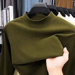 2026 New Men's Casual Solid Color High Collar Velvet Long Sleeve T-shirt Spring and Autumn Versatile Comfortable Top