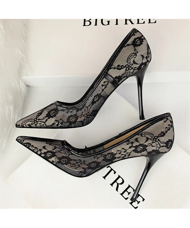 2024 Black Flower Lace Mesh Pumps Women Pointed