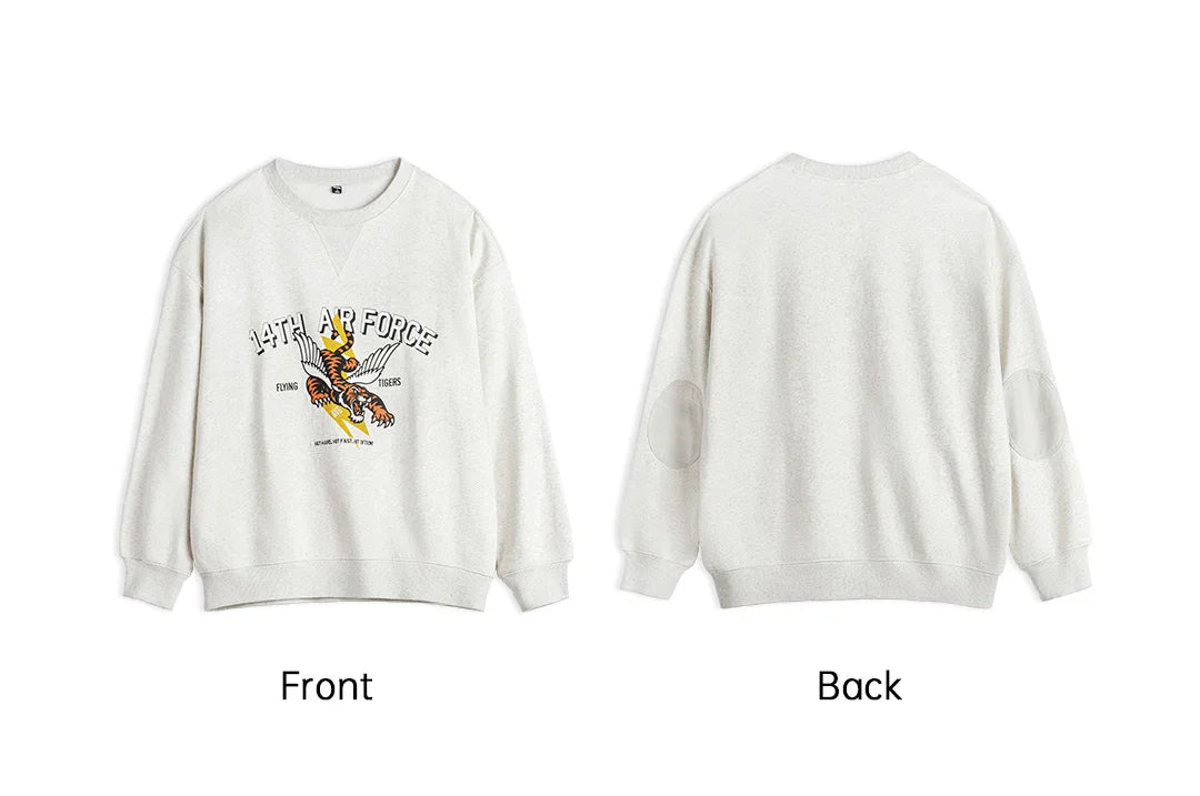 Maden Men's Vintage Print Sweatshirt Light Grey Loose Fit Knit Pullover Long Sleeve Round Neck Casual Top for Spring and Autumn