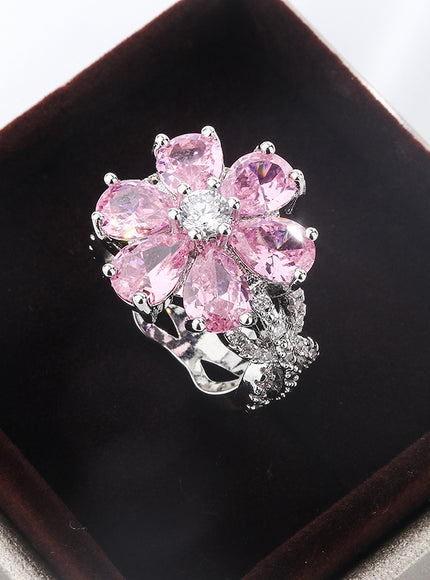 KissIcon Zircon Ring Pink Flower Peach 925 - Elegant Bloom
