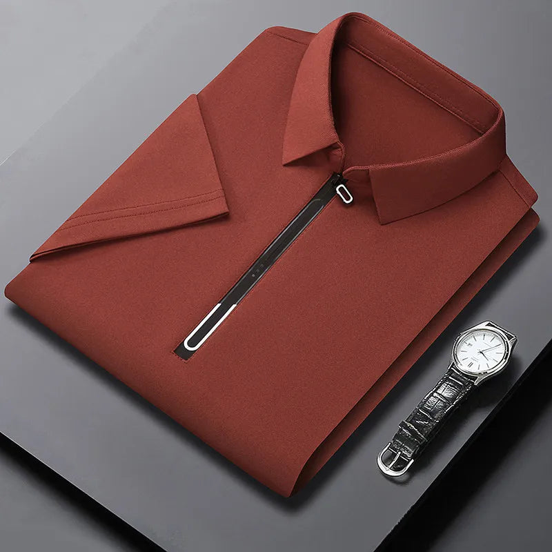 New Men's Business Casual Zipper Short Sleeve Solid Color Polo Shirt Fashionable Warm Comfortable Four Seasons Versatile Top