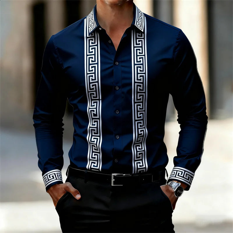 Men's Retro Geometric Print Shirt, Stylish Long-Sleeve Black Shirt, Business Casual Men's Top, Multiple Colors Available, XS-6XL