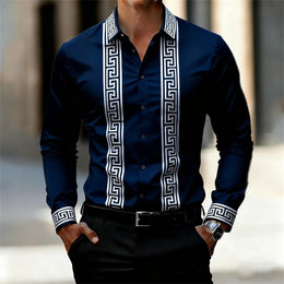 Men's Retro Geometric Print Shirt, Stylish Long-Sleeve Black Shirt, Business Casual Men's Top, Multiple Colors Available, XS-6XL