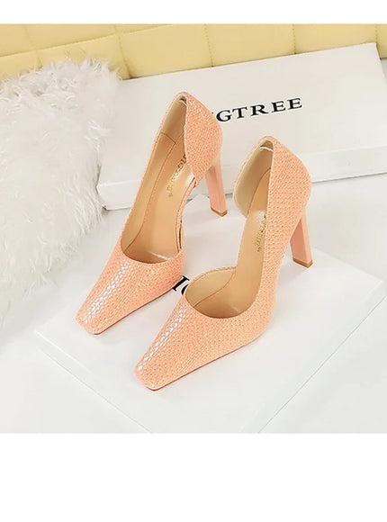 Woman Vintage Snake Print Pumps Square Toe Patent