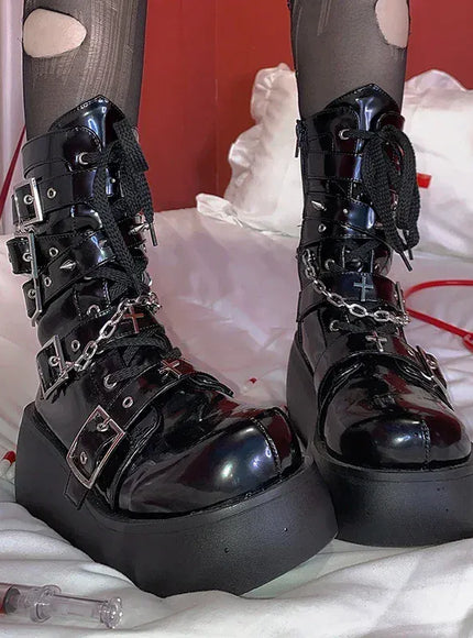 Metal Chain Patent Leather Ankle Boots Women Designer