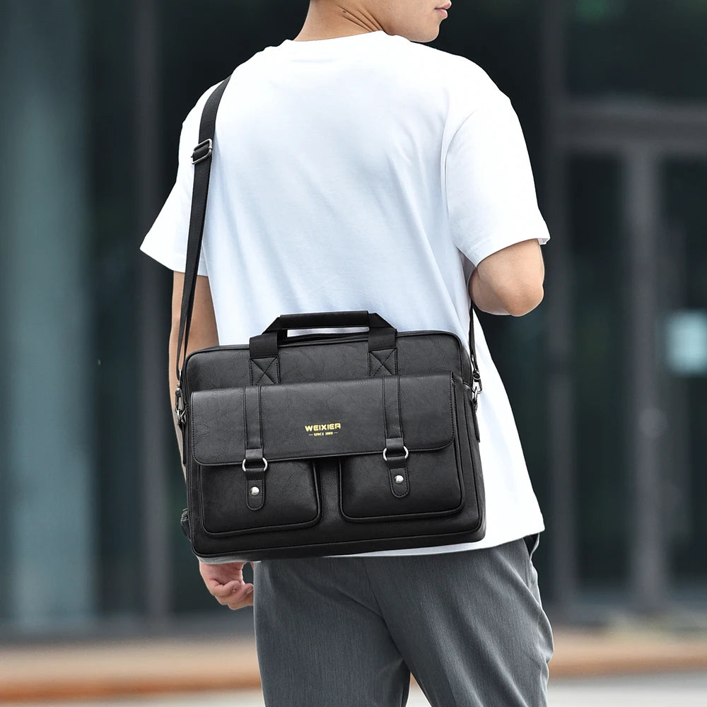 Mens Business Briefcase Large Capacity PU Leather Laptop Bag Fashion Crossbody Shoulder Tote Bag for Work Office