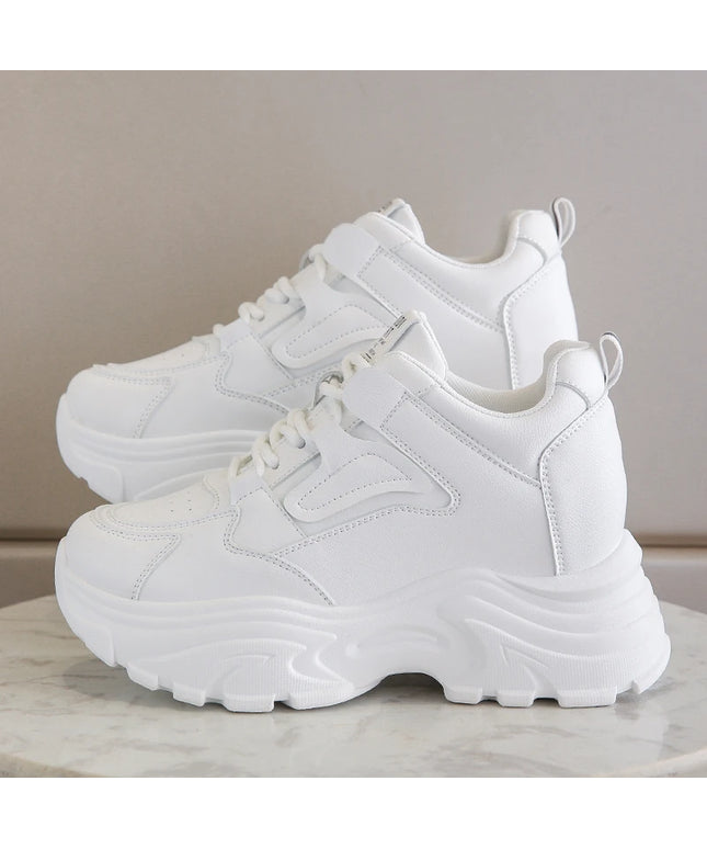 White Platform Women's Sneakers 2024 Spring Lace-Up Thick Bottom Vulcanize Shoes Woman Pu Leather Breathable Sports Shoes Ladies