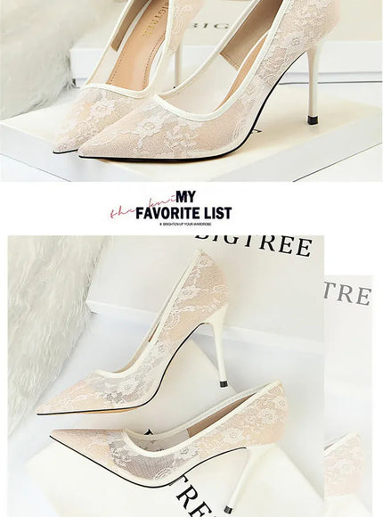 2024 Black Flower Lace Mesh Pumps Women Pointed