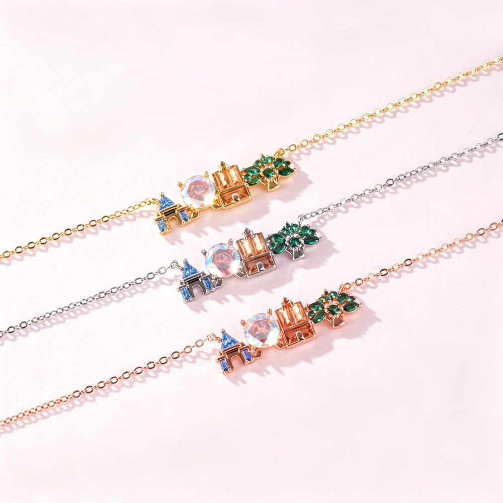 18K Gold Plated Colored Zircon Inlaid Amusement Park Pendant Necklace Cute Sweet Design Versatile Fashion Jewelry Girl 's Gift