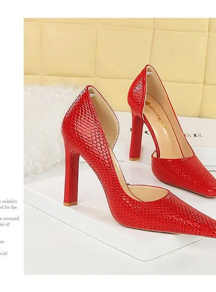 Woman Vintage Snake Print Pumps Square Toe Patent