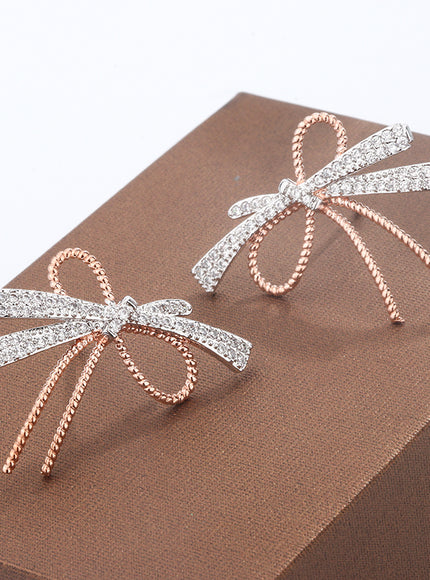 S925 Silver Plated Bowknot Stud Earrings Two Tone Zircon