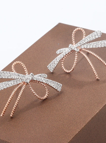 S925 Silver Plated Bowknot Stud Earrings Two Tone Zircon