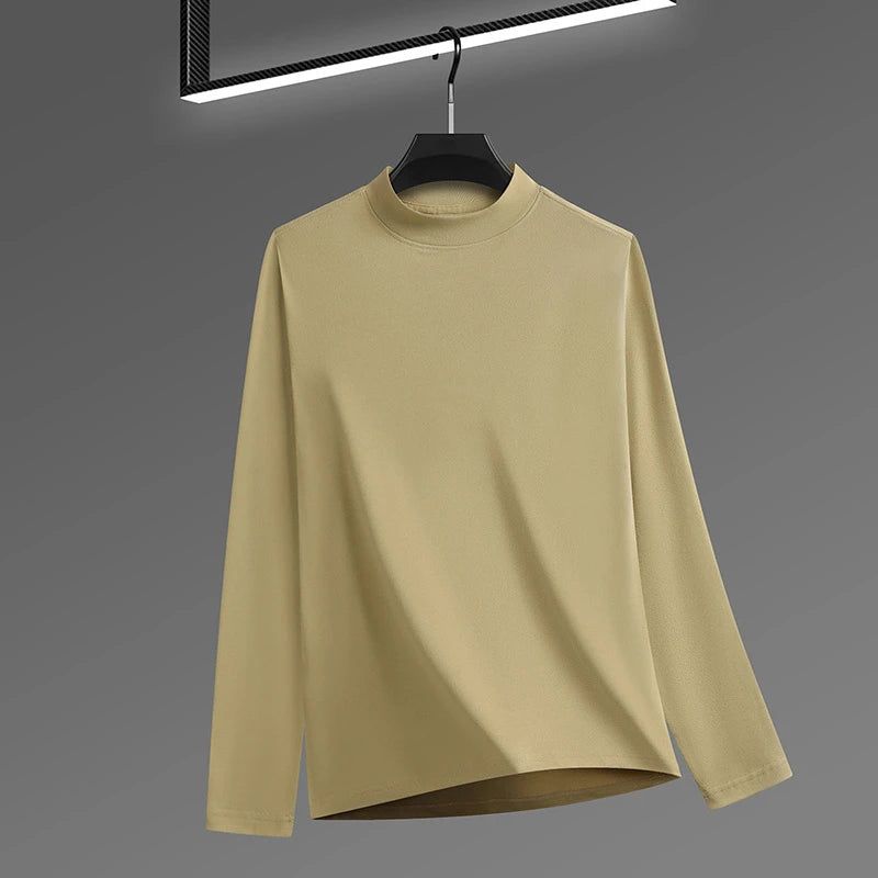 2026 New Men's Casual Solid Color High Collar Velvet Long Sleeve T-shirt Spring and Autumn Versatile Comfortable Top