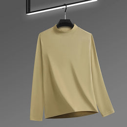 2026 New Men's Casual Solid Color High Collar Velvet Long Sleeve T-shirt Spring and Autumn Versatile Comfortable Top