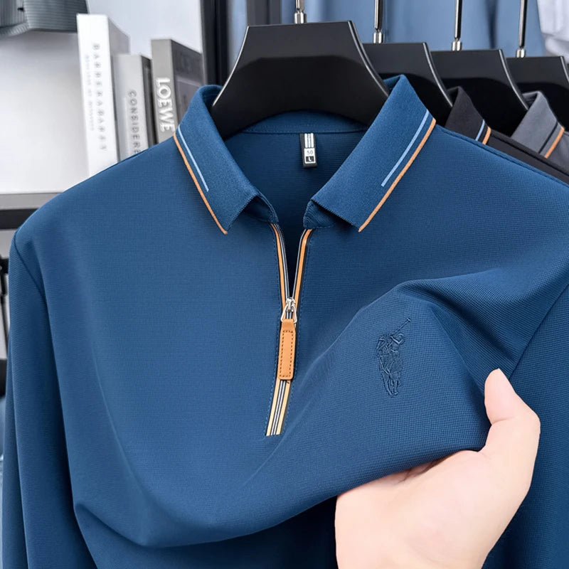 Men's Cotton Long Sleeved T-shirt with Collar Polo Shirt High-end Embroidered Top Autumn Loose Base Shirt