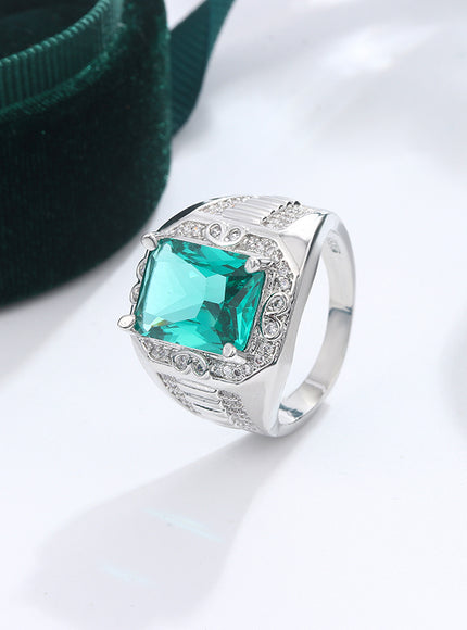 Unisex S925 Silver Engagement Rings Square Green Zircon