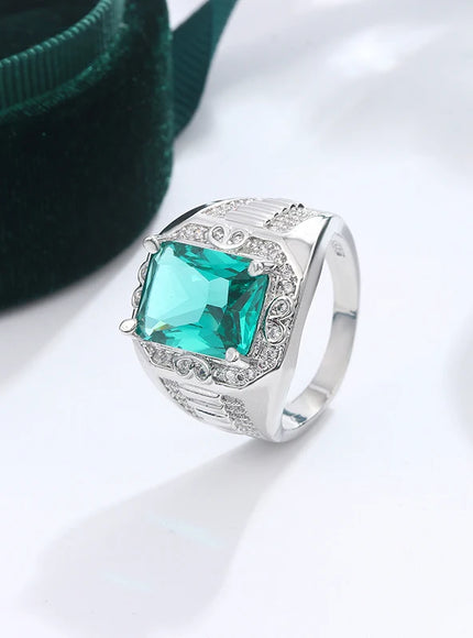 Unisex S925 Silver Engagement Rings Square Green Zircon