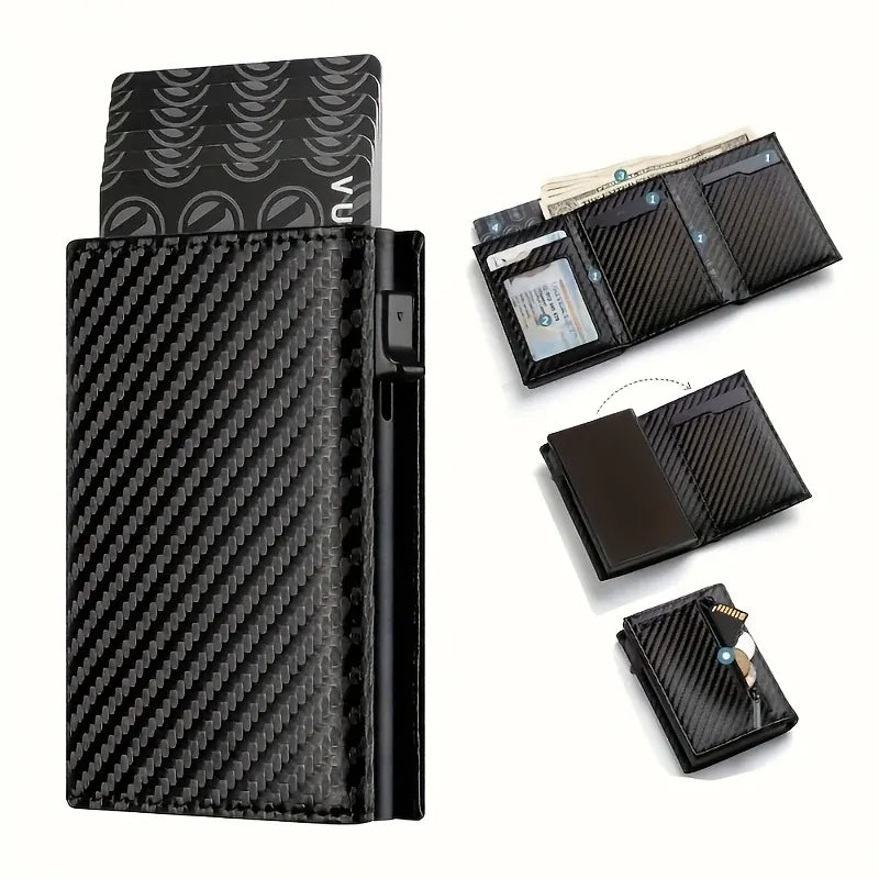 Men's Wallet with Zipper Coin Purse Automatic Pop-up Metal Credit Card Holder Minimalist RFID Blocking Business Card Wallet Idea