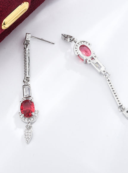 Baguette Oval Ruby Tassel Stud Earrings - Full Diamond Glow