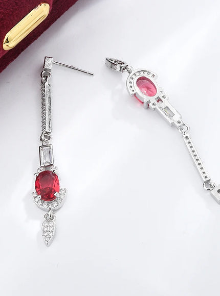 Baguette Oval Ruby Tassel Stud Earrings - Full Diamond Glow