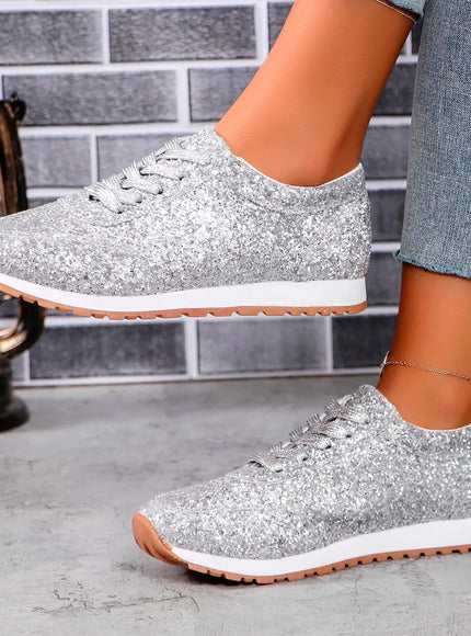 Women Flat Glitter Sneakers Casual Bling Vulcanized Shoes Female Mesh Lace Up Platform Comfort Plus Size Fashion Ladies Autumn